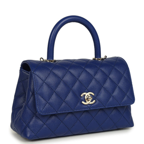 Chanel Mini Coco Top Handle Flap Bag Dark Blue Shiny Caviar Light Gold Hardware