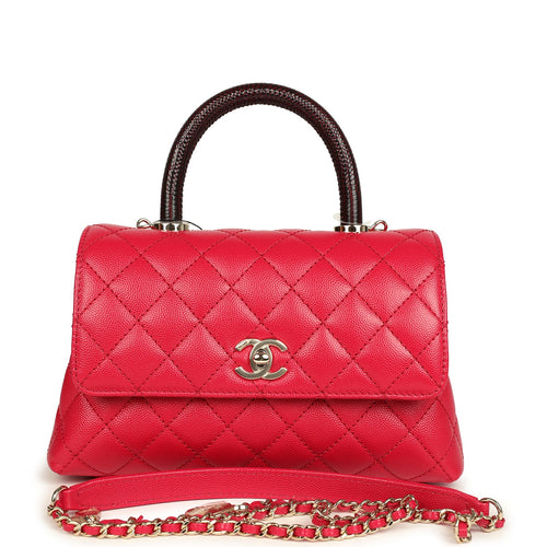 Chanel Mini Coco Top Handle Flap Bag Dark Red Shiny Caviar and Burgundy Lizard Light Gold Hardware