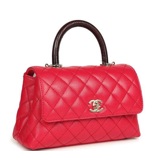 Chanel Mini Coco Top Handle Flap Bag Dark Red Shiny Caviar and Burgundy Lizard Light Gold Hardware