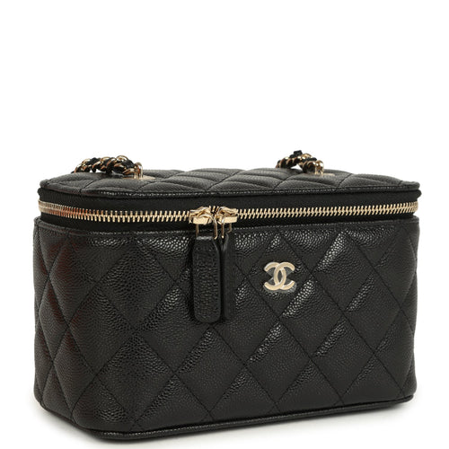 Chanel Small Classic Vanity Case Black Shiny Caviar Light Gold Hardware