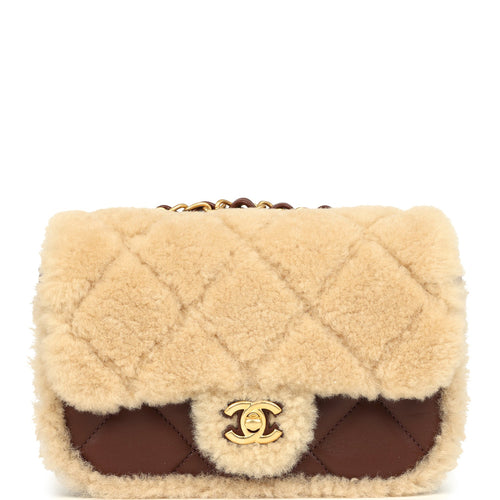 Chanel Mini Shearling Flap Bag Brown Lambskin Brushed Gold Hardware
