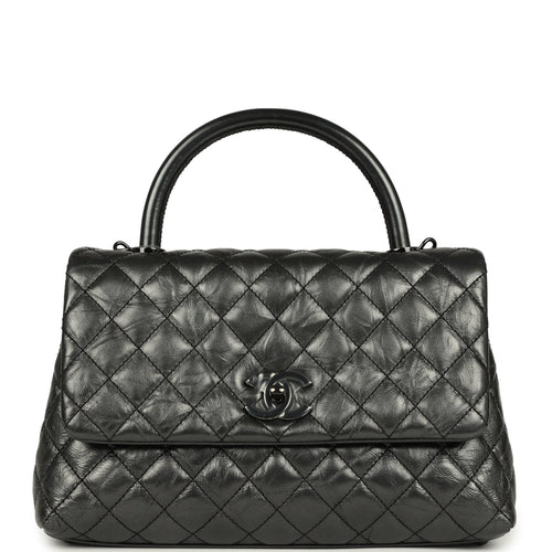 Chanel Small Coco Top Handle Flap Bag Dark Grey Crumpled Calfskin Black Hardware