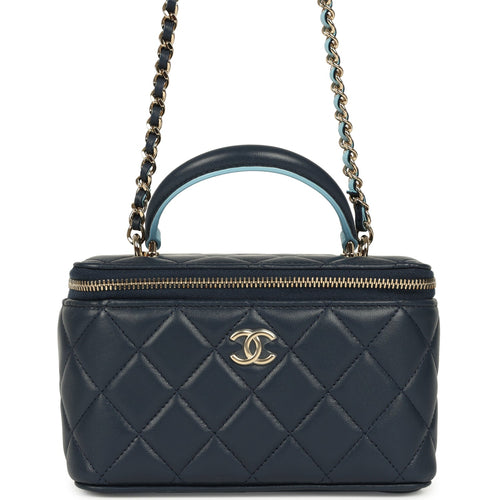 Chanel Small Top Handle Vanity Case Navy & Light Blue Lambskin Light Gold Hardware