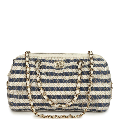 Chanel Mini Timeless Classic Barrel Bag with Chain Light Beige and Dark Blue Striped Woven Fabric Light Gold Hardware