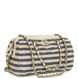 Chanel Mini Timeless Classic Barrel Bag with Chain Light Beige and Dark Blue Striped Woven Fabric Light Gold Hardware