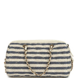 Chanel Mini Timeless Classic Barrel Bag with Chain Light Beige and Dark Blue Striped Woven Fabric Light Gold Hardware