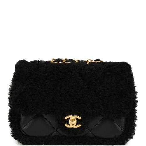 Chanel Mini Shearling Flap Bag Black Lambskin Brushed Gold Hardware