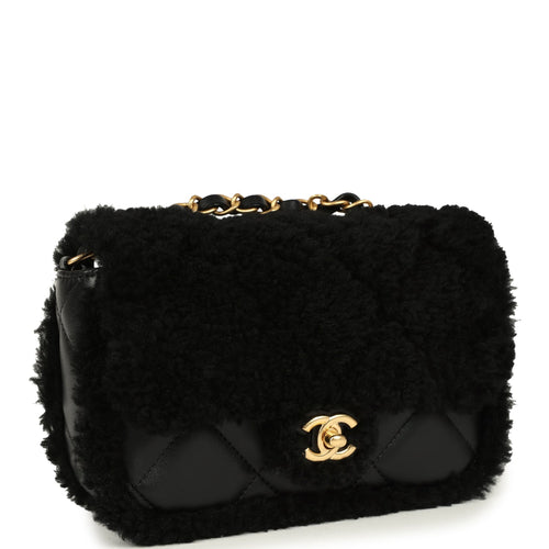 Chanel Mini Shearling Flap Bag Black Lambskin Brushed Gold Hardware