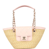 Chanel Small Shopping Tote Bag Beige Raffia and Light Pink Lambskin Light Gold Hardware