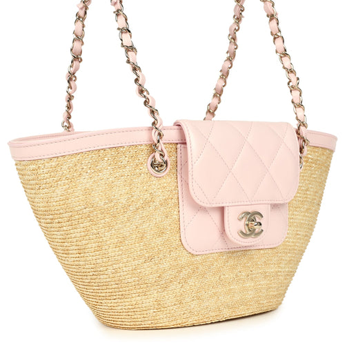 Chanel Small Shopping Tote Bag Beige Raffia and Light Pink Lambskin Light Gold Hardware