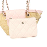 Chanel Small Shopping Tote Bag Beige Raffia and Light Pink Lambskin Light Gold Hardware
