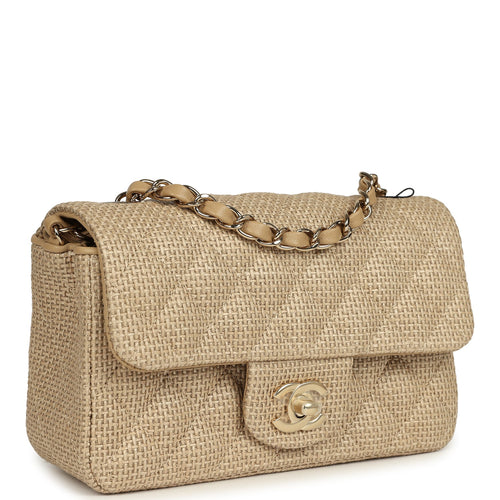 Chanel Mini Rectangular Flap Dark Beige Raffia Light Gold Hardware