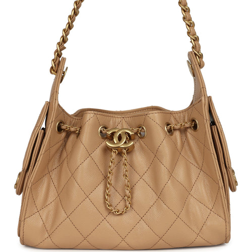 Chanel Mini 25 Hobo Bag Beige Caviar Antique Gold Hardware