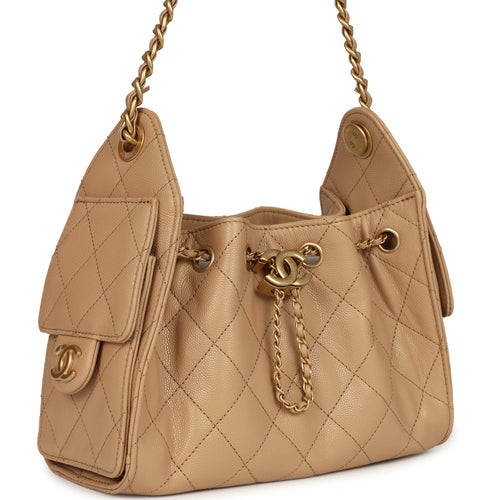 Chanel Mini 25 Hobo Bag Beige Caviar Antique Gold Hardware