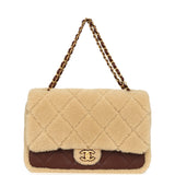 Chanel Large Shearling Flap Bag Dark Brown Lambskin and Beige Shearling Brushed Gold Hardware