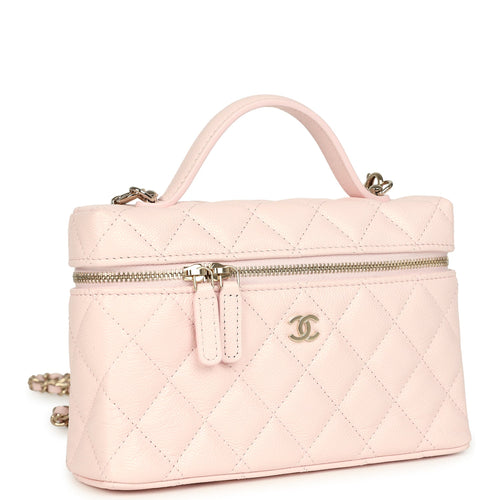 Chanel Top Handle Long Vanity Case with Chain Light Pink Shiny Caviar Light Gold Hardware
