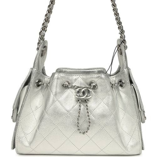 Chanel Mini 25 Hobo Bag Metallic Silver Caviar Silver Hardware