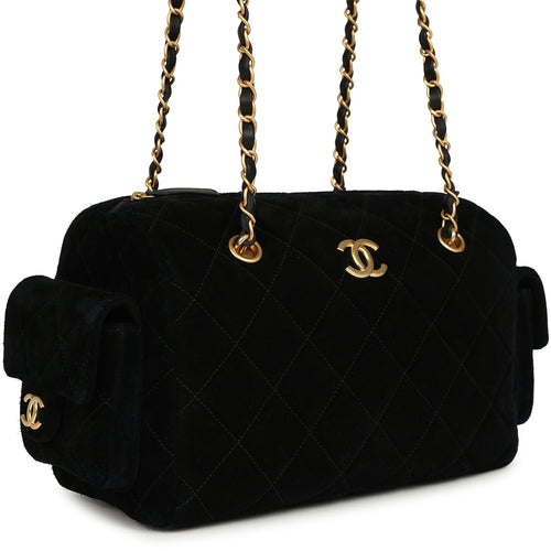 Chanel Small Bowling Bag Black Suede Antique Gold Hardware