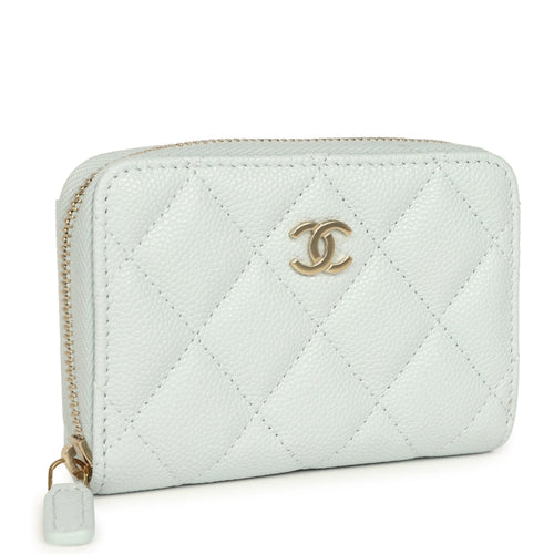 Chanel Classic Zipped Coin Purse Wallet Light Blue Caviar Light Gold Hardware