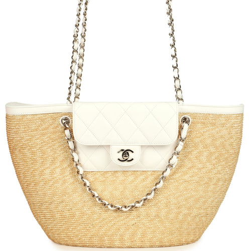 Chanel Large Shopping Tote Bag Beige Raffia and White Lambskin Light Gold Hardware