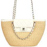 Chanel Large Shopping Tote Bag Beige Raffia and White Lambskin Light Gold Hardware