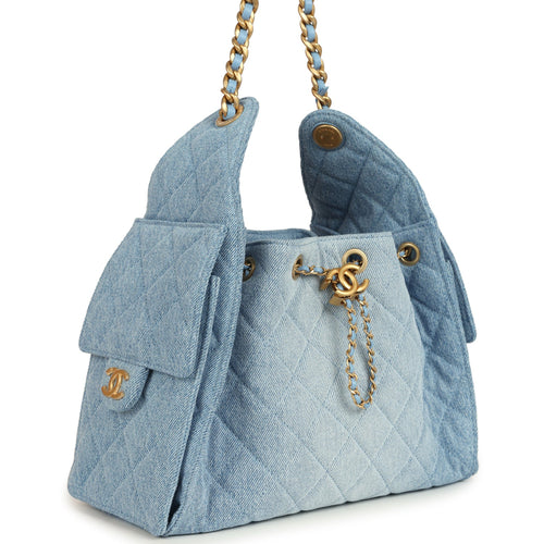 Chanel Small 25 Hobo Bag Light Blue Washed Denim Antique Gold Hardware