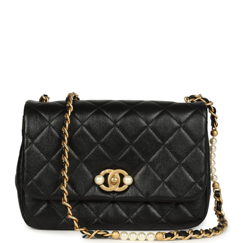 Chanel Small Pearl Flap Bag Black Shiny Calfskin Brushed Gold Hardware