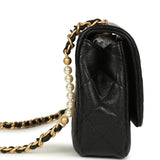 Chanel Small Pearl Flap Bag Black Shiny Calfskin Brushed Gold Hardware