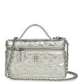 Chanel Top Handle Long Vanity Case with Chain Metallic Silver Shiny Caviar Silver Hardware