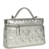Chanel Top Handle Long Vanity Case with Chain Metallic Silver Shiny Caviar Silver Hardware
