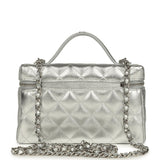 Chanel Top Handle Long Vanity Case with Chain Metallic Silver Shiny Caviar Silver Hardware