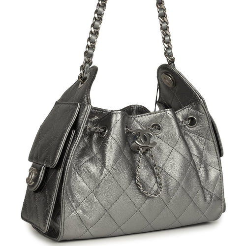 Chanel Mini 25 Hobo Bag Anthracite Metallic Caviar Silver Hardware