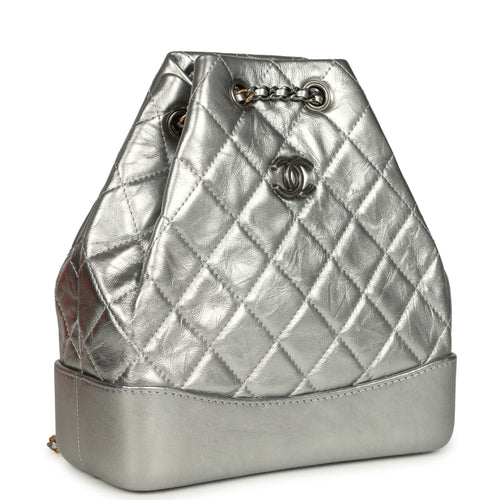 Pre-owned Chanel Small Gabrielle Backpack Metallic Silver Aged Calfskin Mixed Metal Hardware