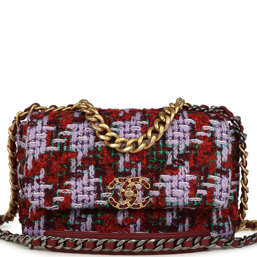 Chanel Medium 19 Flap Bag Burgundy, Purple, Red Tweed Mixed Metal Hardware