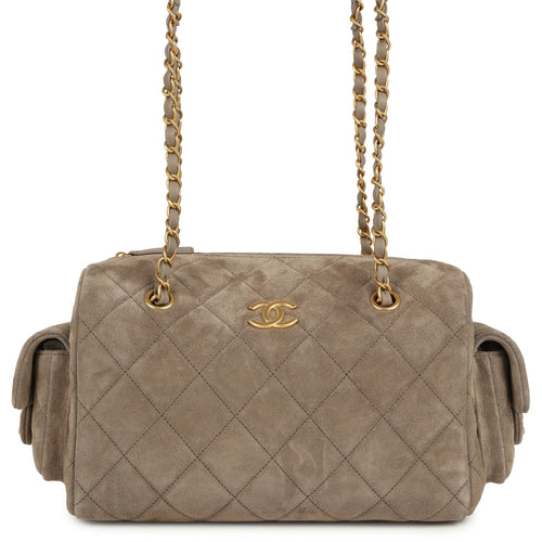 Chanel Small Bowling Bag Dark Grey Suede Antique Gold Hardware
