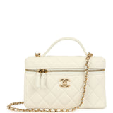 Chanel Top Handle Long Vanity Case with Chain White Caviar Gold Hardware