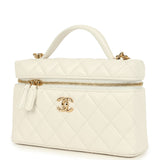 Chanel Top Handle Long Vanity Case with Chain White Caviar Gold Hardware