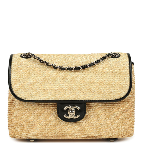 Chanel Small Flap Bag Beige Braided Raffia and Black Lambskin Light Gold Hardware
