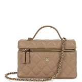 Chanel Top Handle Long Vanity Case with Chain Beige Shiny Caviar Light Gold Hardware
