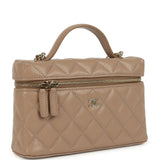 Chanel Top Handle Long Vanity Case with Chain Beige Shiny Caviar Light Gold Hardware