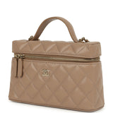 Chanel Top Handle Long Vanity Case with Chain Beige Shiny Caviar Light Gold Hardware