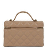 Chanel Top Handle Long Vanity Case with Chain Beige Shiny Caviar Light Gold Hardware