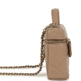 Chanel Top Handle Long Vanity Case with Chain Beige Shiny Caviar Light Gold Hardware