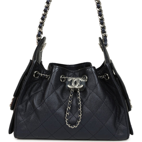 Chanel Mini 25 Hobo Bag Dark Blue Metallic Caviar Silver Hardware