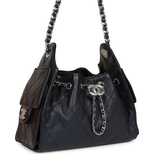 Chanel Mini 25 Hobo Bag Dark Blue Metallic Caviar Silver Hardware