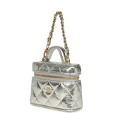 Chanel Micro Top Handle Vanity Case Bag Charm Metallic Silver Aged Calfskin Gold Hardware