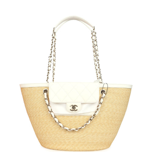 Chanel Large Shopping Tote Bag Beige Raffia and White Lambskin Light Gold Hardware