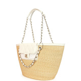 Chanel Large Shopping Tote Bag Beige Raffia and White Lambskin Light Gold Hardware