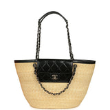 Chanel Large Shopping Tote Bag Beige Raffia and Black Lambskin Light Gold Hardware