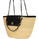Chanel Large Shopping Tote Bag Beige Raffia and Black Lambskin Light Gold Hardware